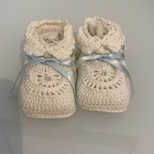 Boys new born White Crochet Booties with Blue Ribbon
